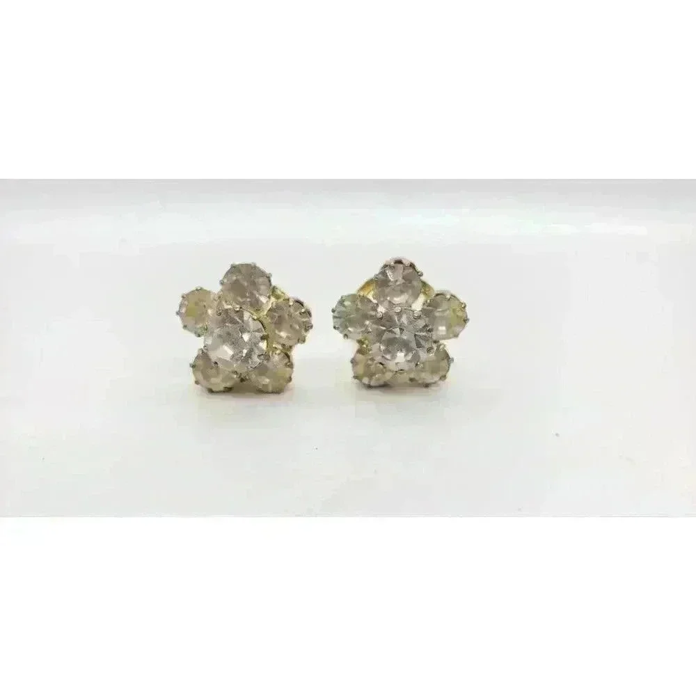 Vintage Earrings Clear Rhinestone Gold Clip Prong Set Austria Statement Bride